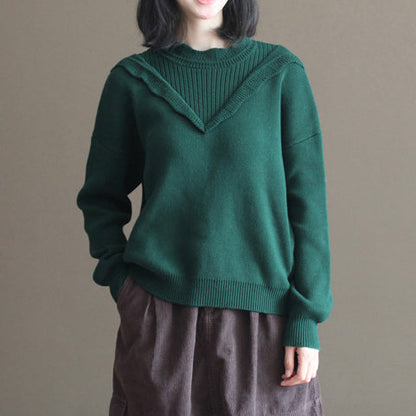Blackish Green Thick Cotton Knit Blouse Lace Collar Sweater