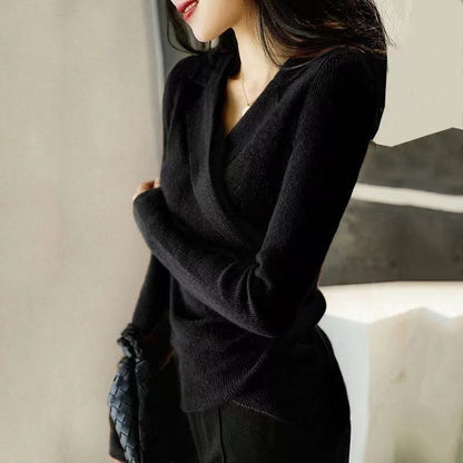 Caramel Peter Pan Collar Asymmetrical Design Slim Fit Fall Sweater