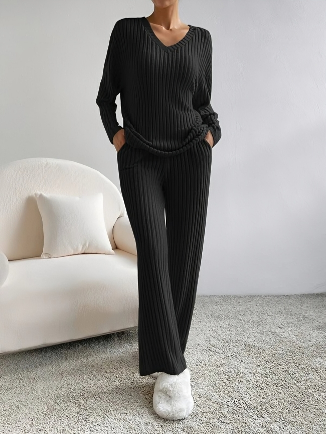CD | Pulover confortabil cu mânecă lungă, cu decolteu V și set de pantaloni pentru femei