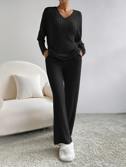 CD | Pulover confortabil cu mânecă lungă, cu decolteu V și set de pantaloni pentru femei
