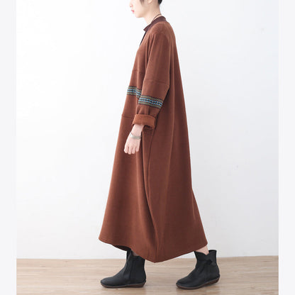 Boutique Brown Sweater Dress Fall Patchwork Pullover Fine High Neck Winter Dress