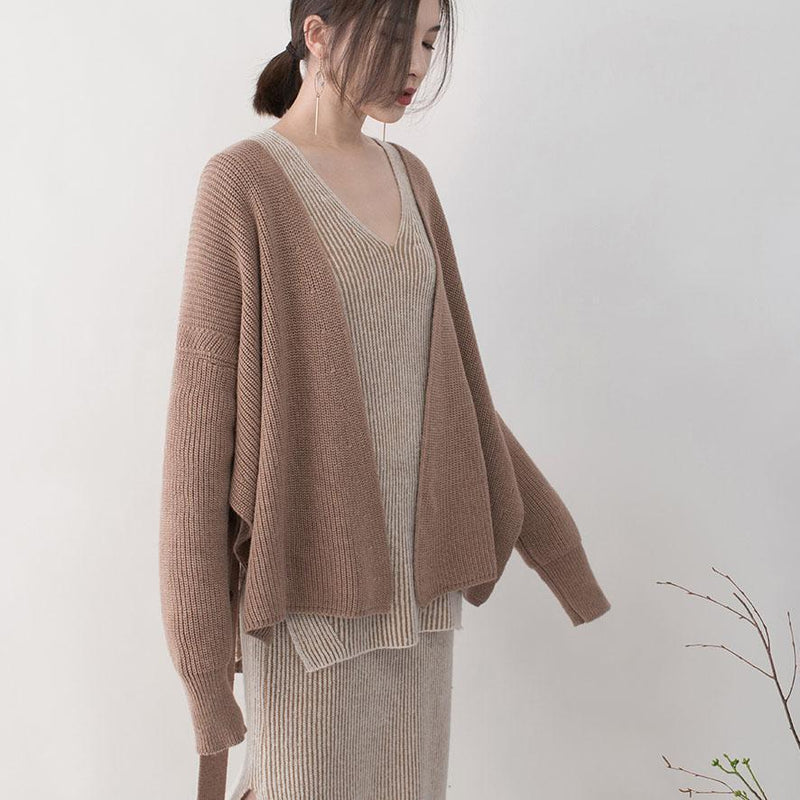 Boutique Brown Winter Sweater Loose Fitting V Neck Knitted Blouses Fine Tie Waist Sweaters