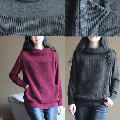 Boutique Burgundy Winter Sweater Loose Fitting Knitted Tops Thick Blouse Long Sleeve
