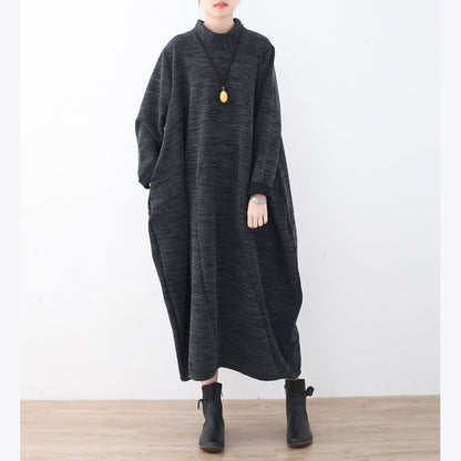 Boutique Dark Gray Knit Dresses Loose Fitting Asymmetrical Pullover High Neck Dress