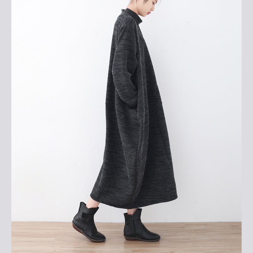 Boutique Dark Gray Knit Dresses Loose Fitting Asymmetrical Pullover High Neck Dress