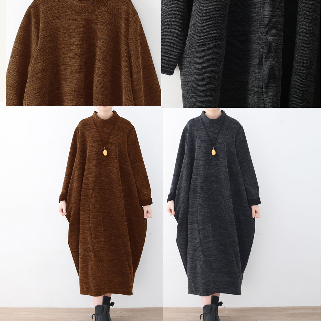 Boutique Dark Gray Knit Dresses Loose Fitting Asymmetrical Pullover High Neck Dress