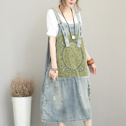 Boutique Denim Light Blue Natural Cotton Dress Oversize Sleeveless Gown Patchwork Prints Dresses