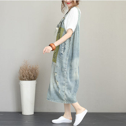 Boutique Denim Light Blue Natural Cotton Dress Oversize Sleeveless Gown Patchwork Prints Dresses