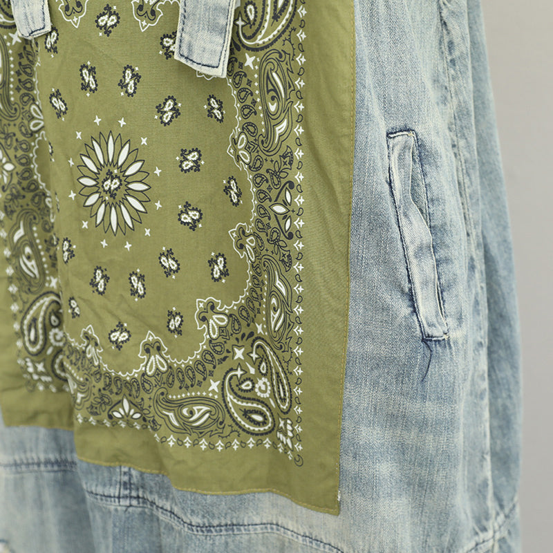 Boutique Denim Light Blue Natural Cotton Dress Oversize Sleeveless Gown Patchwork Prints Dresses