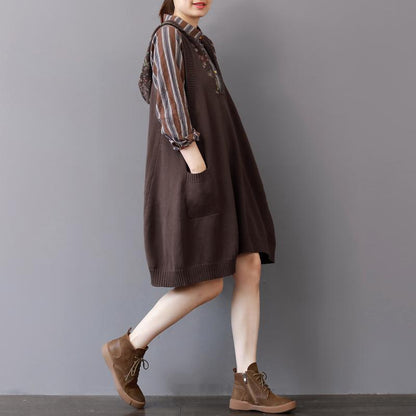 Boutique Khaki Knit Dress Fall Sleeveless Winter Dresses Hooded Spring Dresses