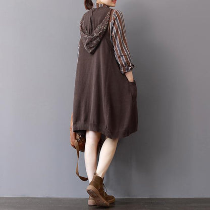 Boutique Khaki Knit Dress Fall Sleeveless Winter Dresses Hooded Spring Dresses