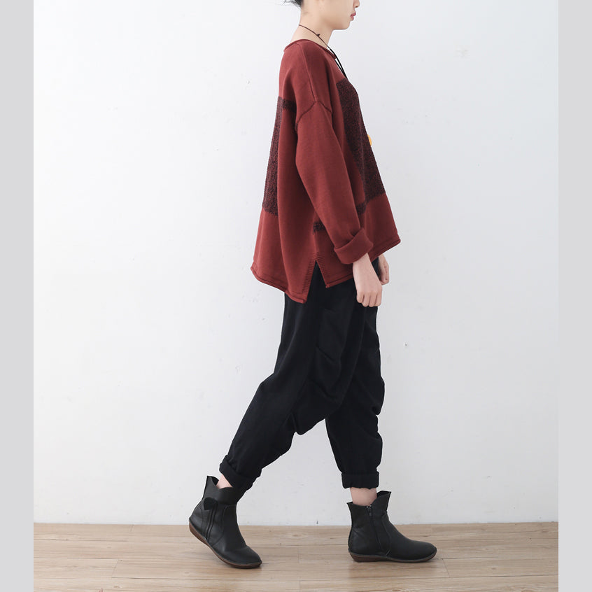 Boutique Red Winter Sweater Oversize Patchwork Knitted Blouses O Neck Top