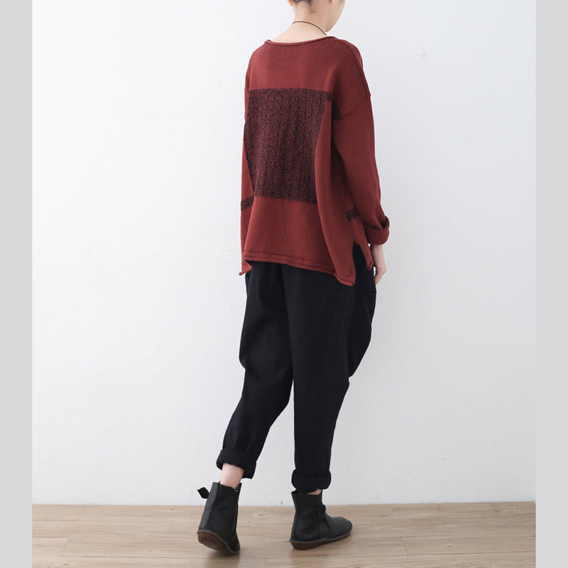 Boutique Red Winter Sweater Oversize Patchwork Knitted Blouses O Neck Top