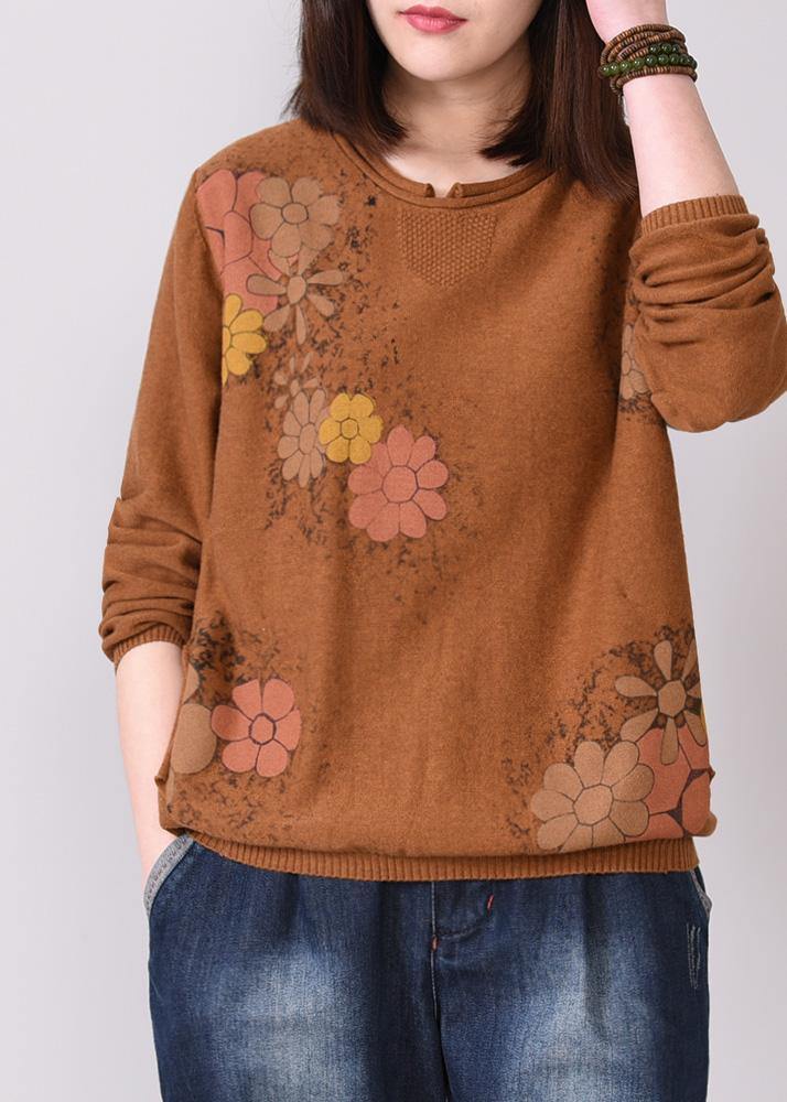 Brown Prints Knit Jacket Oversized Autumn Knitwear O Neck