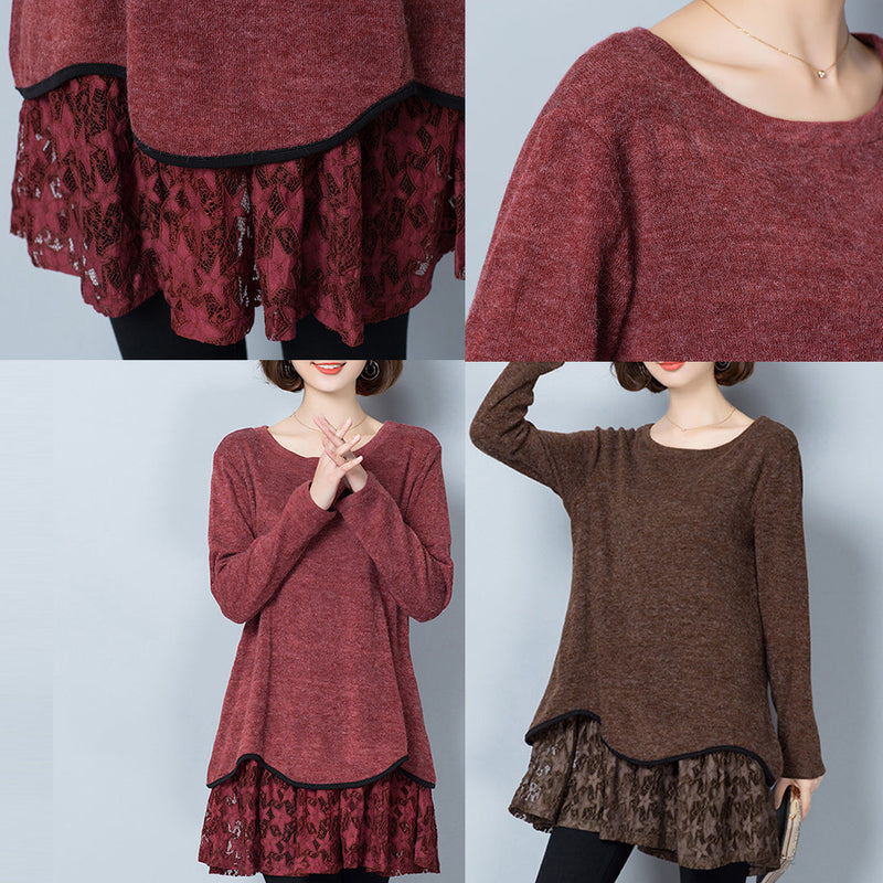Burgundy False Two Pieces Knit Pullover Dresses O Neck Mid Dress