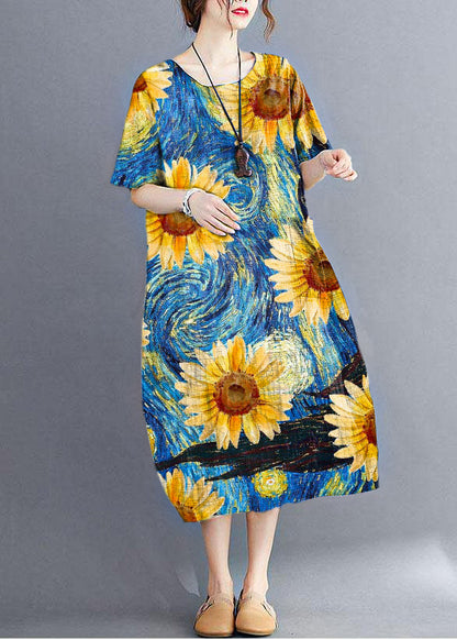 Stylish Orange Flower O Neck Plaid Maxi Dresses Cotton Linen Summer