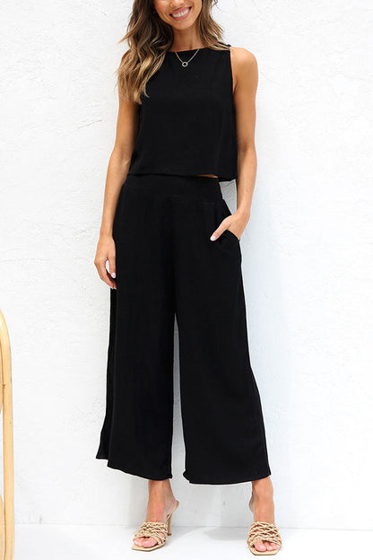 CD | Khiara Basic Button Crop Top și pantaloni cu buzunare Set