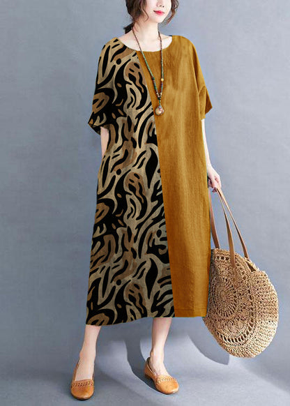 Handmade Yellow Leopard Print O-neck Patchwork Summer Vacation Dresses Half Sleeve