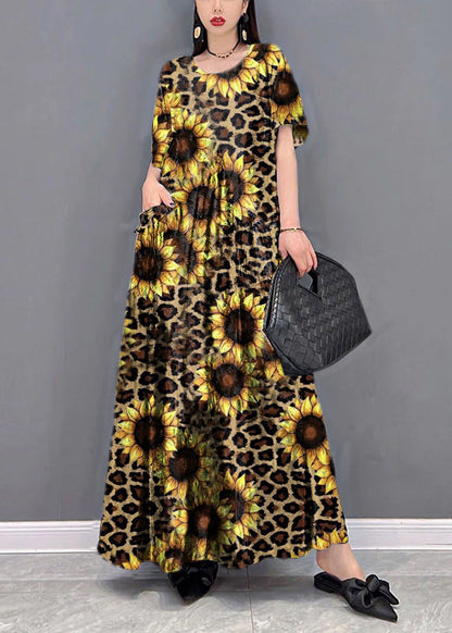 Yellow Leopard Print O-neck Print Pockets Long Dresses Short Sleeve