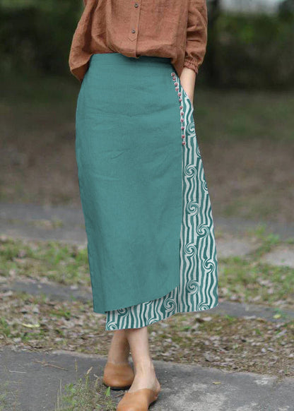 Boutique Green Stripes Asymmetrical Design Elastic Waist a Line Skirts Spring