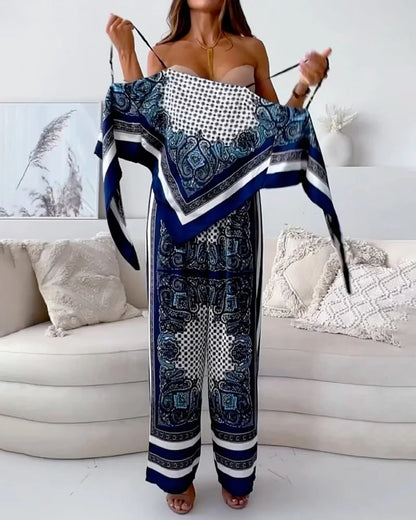 CD | Set trendy din două piese cu top și pantaloni cu dantelă imprimate pentru femei moderne