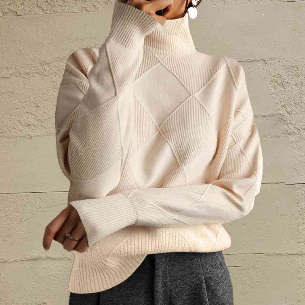 CD | Pulover chic cu guler tip broască țestoasă din tricot geometric