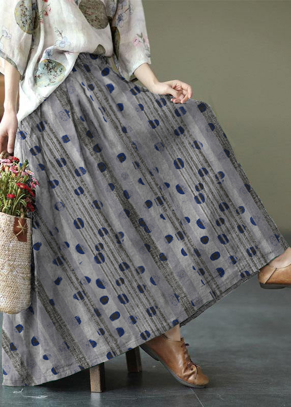 Green Print Ramie Elastic Waist Skirt