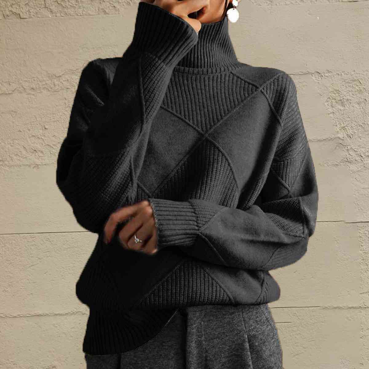 CD | Pulover chic cu guler tip broască țestoasă din tricot geometric