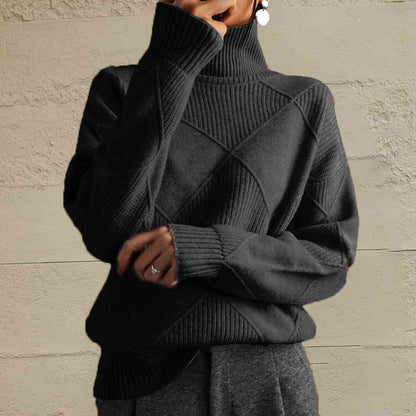 CD | Pulover chic cu guler tip broască țestoasă din tricot geometric