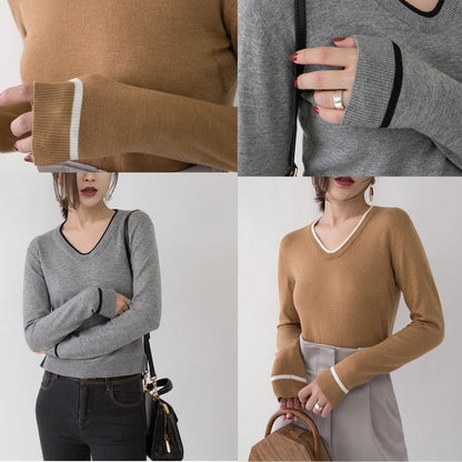 Chunky Brown Knit Tops Fall V Neck Knitted Blouses Fine Side Open Sweaters