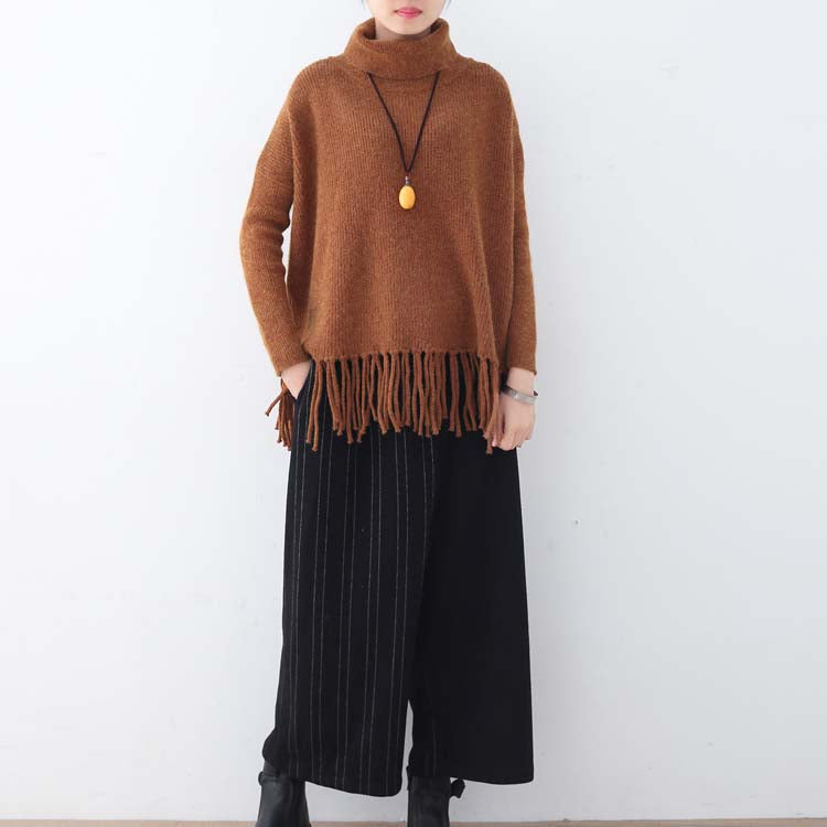 Chunky Brown Knit Tops Plussize High Neck Knitted Blouses Tassel Fall Blouse