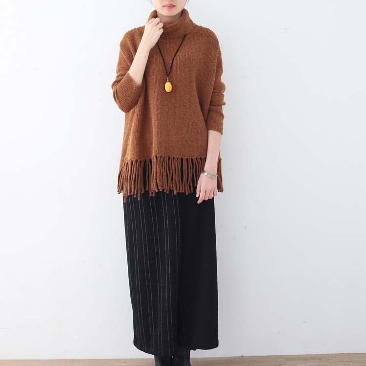 Chunky Brown Knit Tops Plussize High Neck Knitted Blouses Tassel Fall Blouse