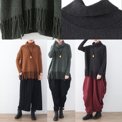 Chunky Brown Knit Tops Plussize High Neck Knitted Blouses Tassel Fall Blouse