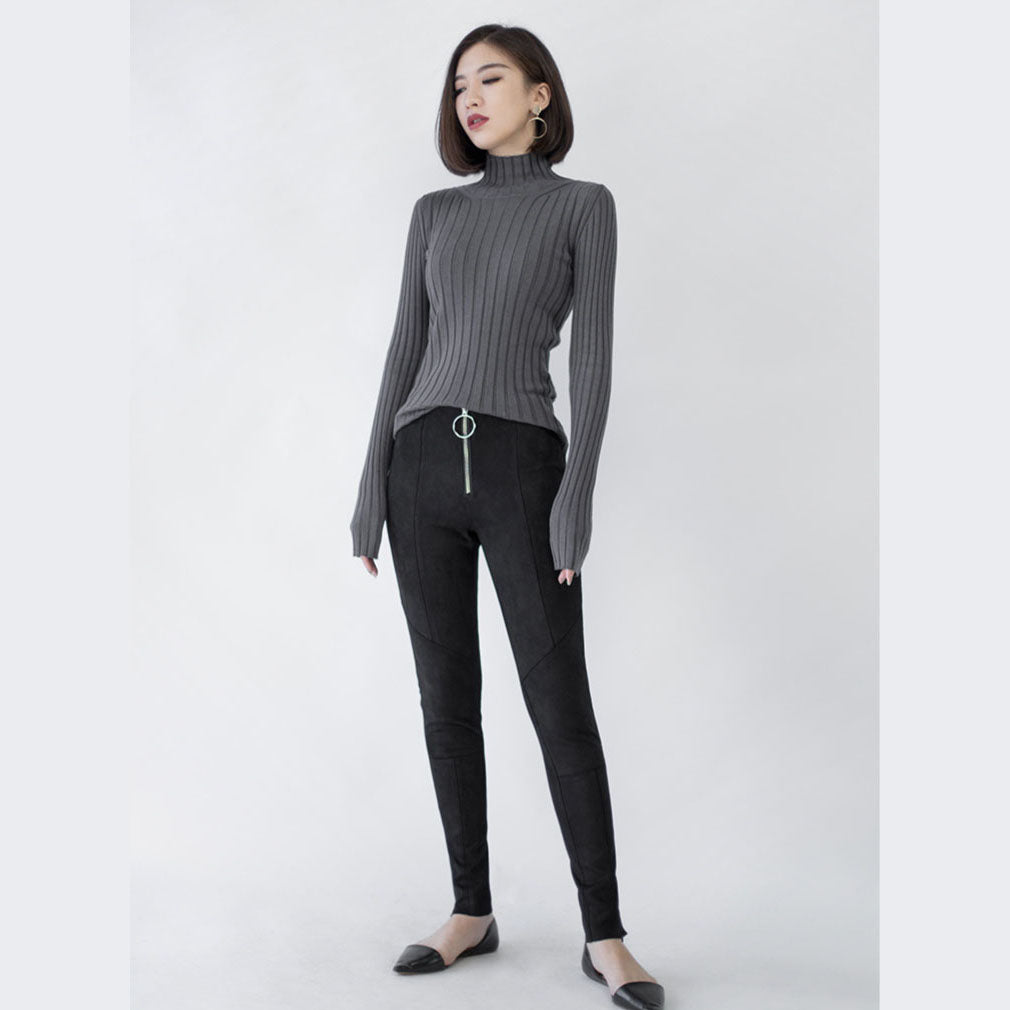 Chunky Dark Gray Knit Tops High Neck Sweaters Side Open Winter Sweaters