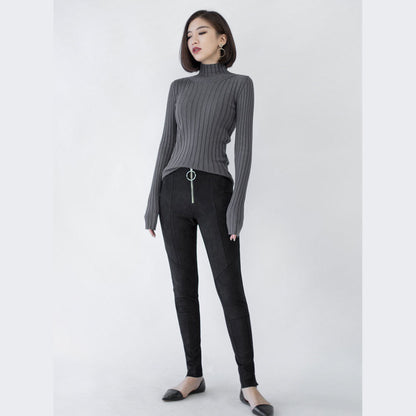 Chunky Dark Gray Knit Tops High Neck Sweaters Side Open Winter Sweaters