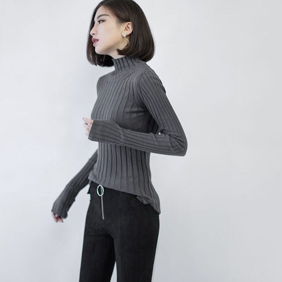 Chunky Dark Gray Knit Tops High Neck Sweaters Side Open Winter Sweaters