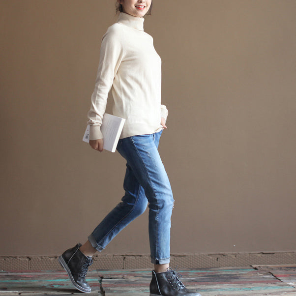 Chunky Nude Winter Sweater Oversized Knit Sweat Tops High Neck Pullover