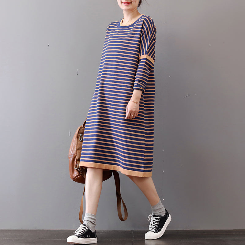 Chunky Striped Sweater Dress Oversize O Neck Winter Dresses Long Sleeve Winter Dress
