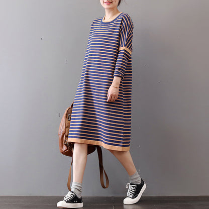 Chunky Striped Sweater Dress Oversize O Neck Winter Dresses Long Sleeve Winter Dress