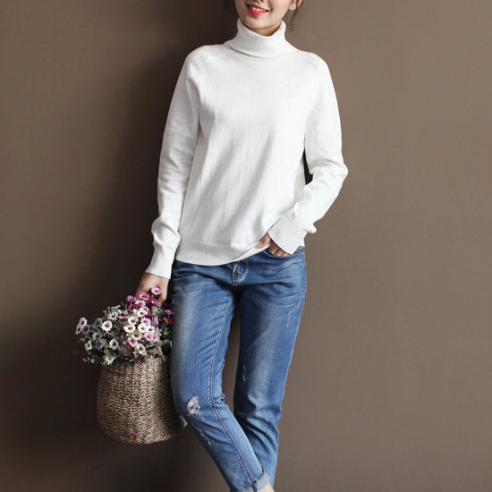 Chunky White Sweater Knitted Blouses Boutique High Neck Top Wild