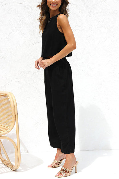 CD | Khiara Basic Button Crop Top și pantaloni cu buzunare Set