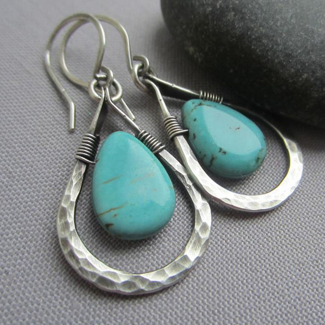 Natural Turquoise Stone Earrings In Silver
