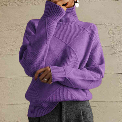 CD | Pulover chic cu guler tip broască țestoasă din tricot geometric