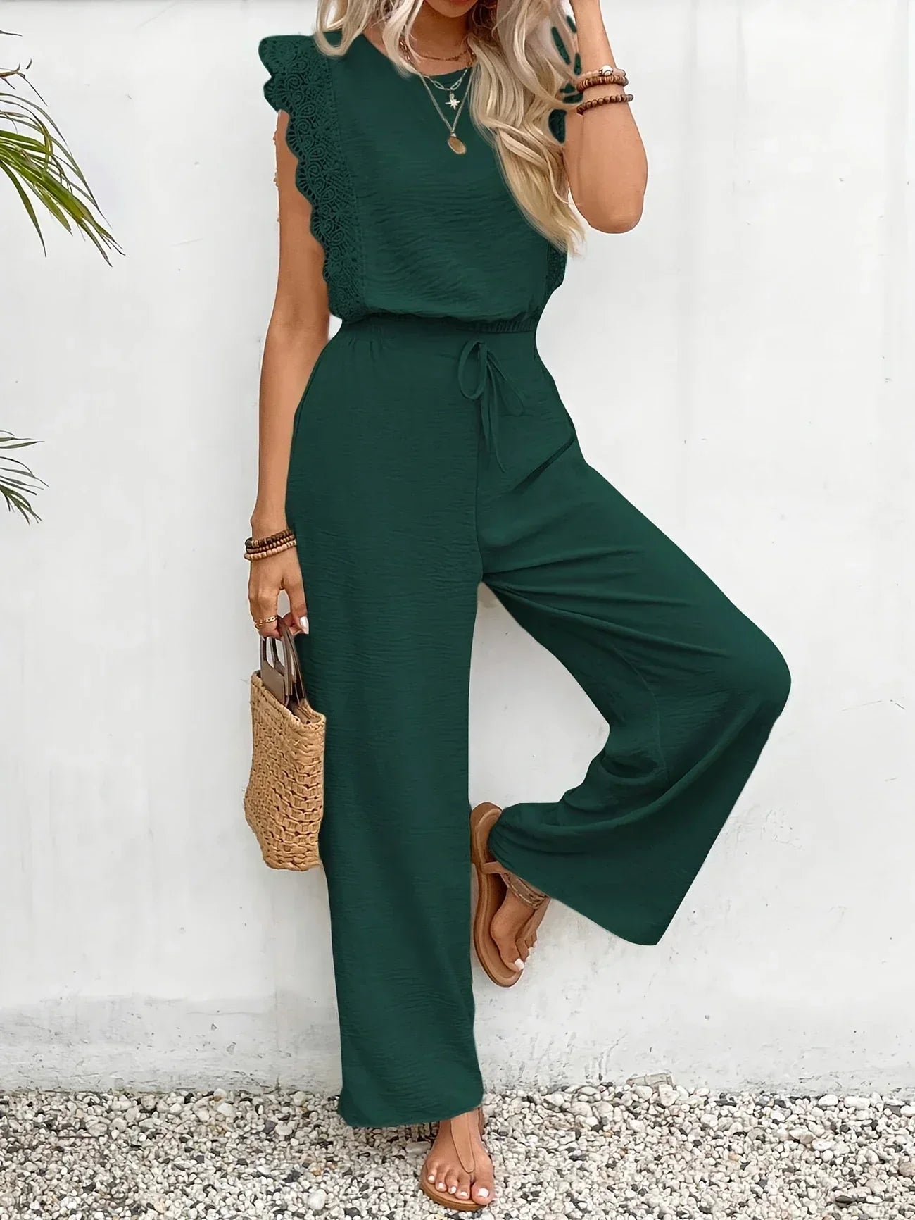 CD | Top elegant din dantelă și pantaloni cu picior lat