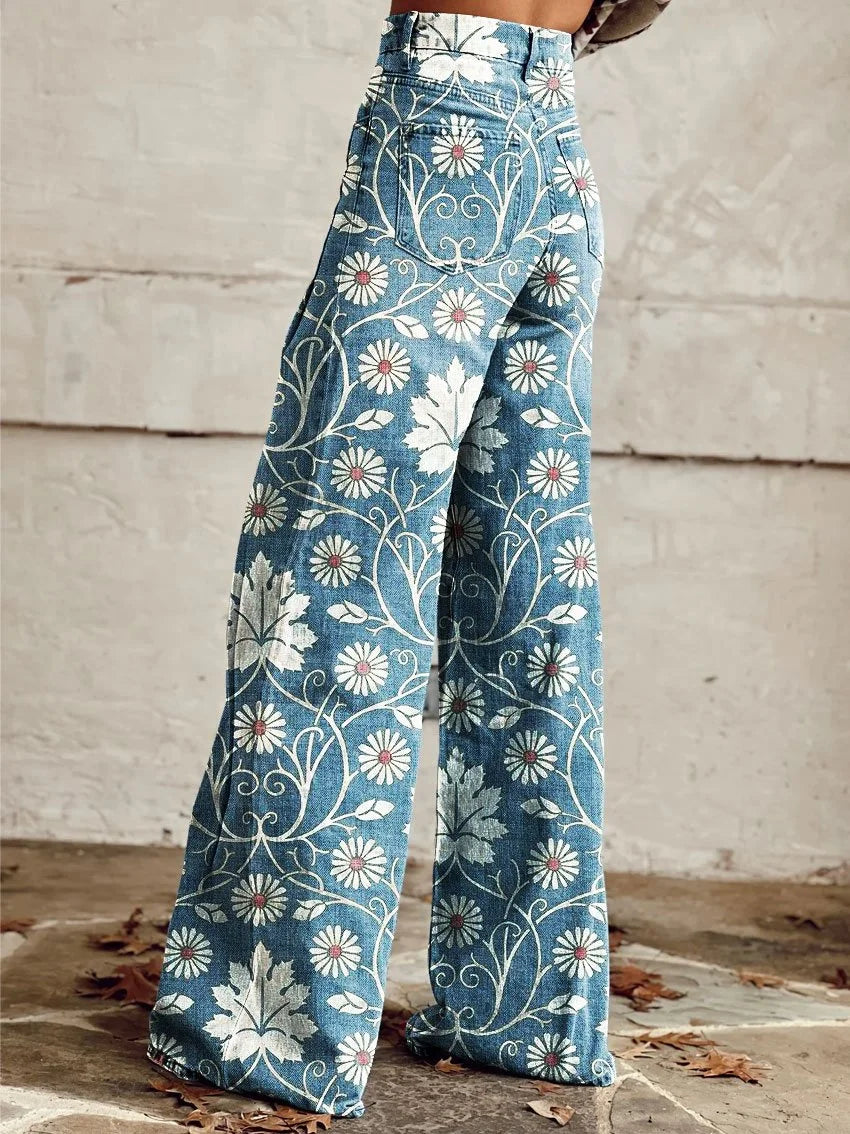 CD | Annett™ Pantaloni casual imprimați vintage cu picioare largi
