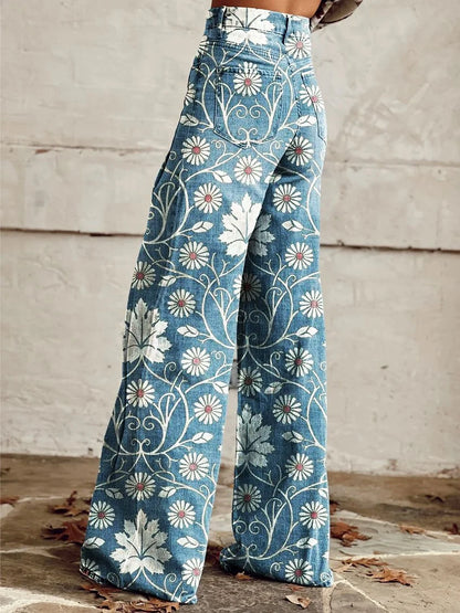 CD | Annett™ Pantaloni casual imprimați vintage cu picioare largi