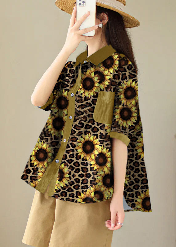 Black Abstract Peter Pan Collar Print Cotton Shirt Tops Summer