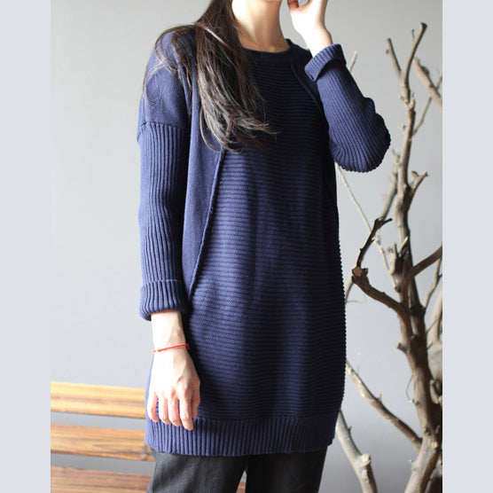 Dark Blue New Cotton Sweater Tops Fit Mid Long Knit Pullover