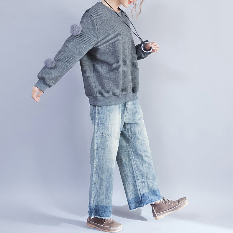 Dark Gray Thick Knit Tops Oversize Fine Pullover Sweater