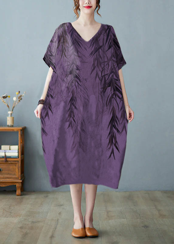 Purple Flowers V Neck Print Long Dress Short Sleeve